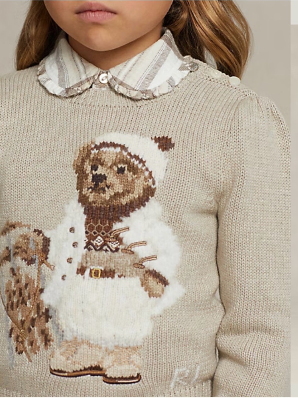 Polo by Ralph Lauren Beige Knit Crewneck Sweater Sledding Polo Bear Size 5T